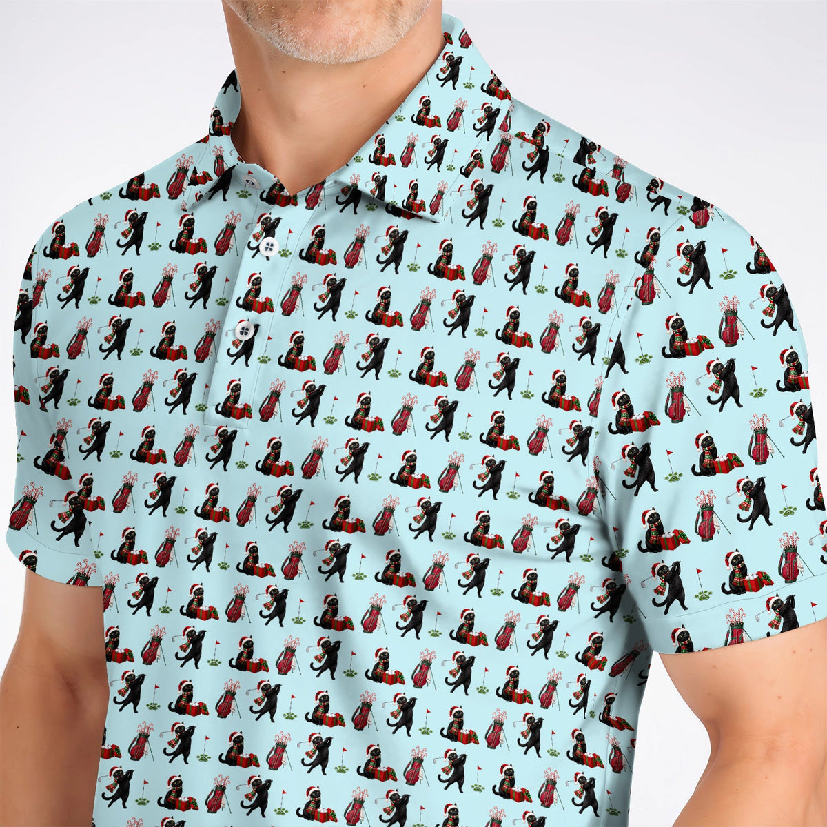 Black Cat Christmas Golf Polos, Festive Cat Patterm Golf Shirt, Funny Holiday Golf Gift For Golfer