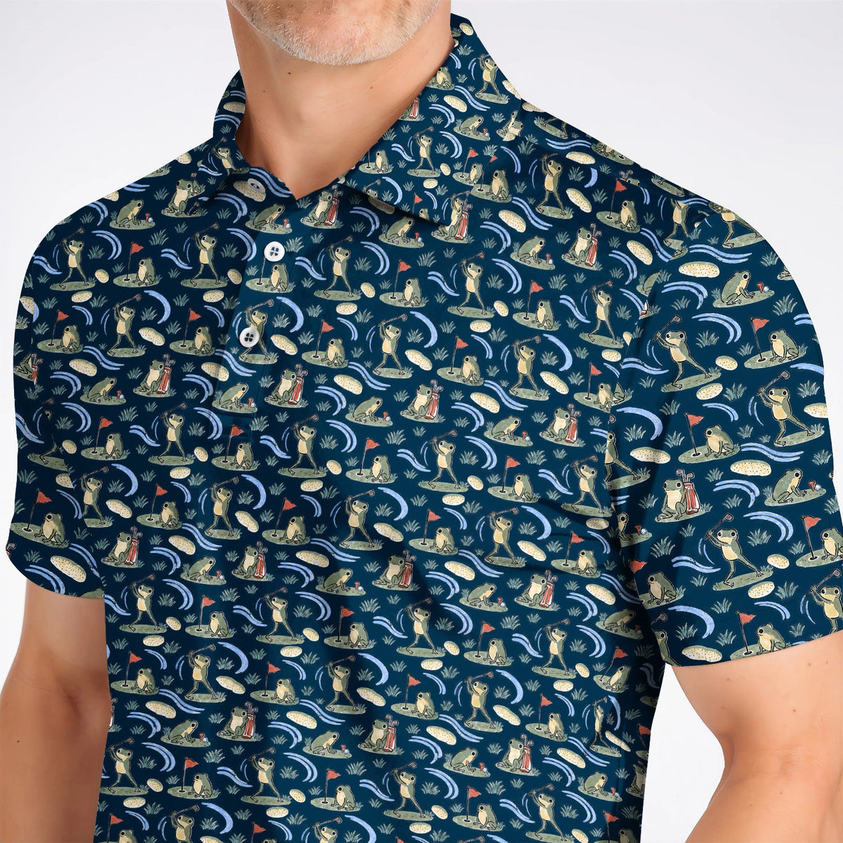 Playful Frog Golf Shirt, Vintage Frog Golf Pattern Polos, Golf Gift For Golf Lovers