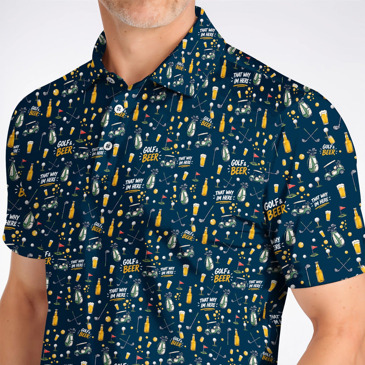 Funny Golf & Beer Shirt, Golf Cart And Beer Pattern Golf Polos, That’s Why I’m Here Golf Gift For Golfer