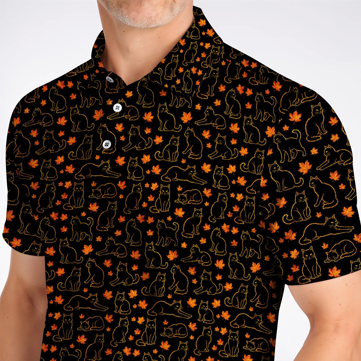 Autumn Black Longhair Cat Golf Polos, Black Longhair Cat Pattern Golf Shirt, Cat Lovers Golf Gift
