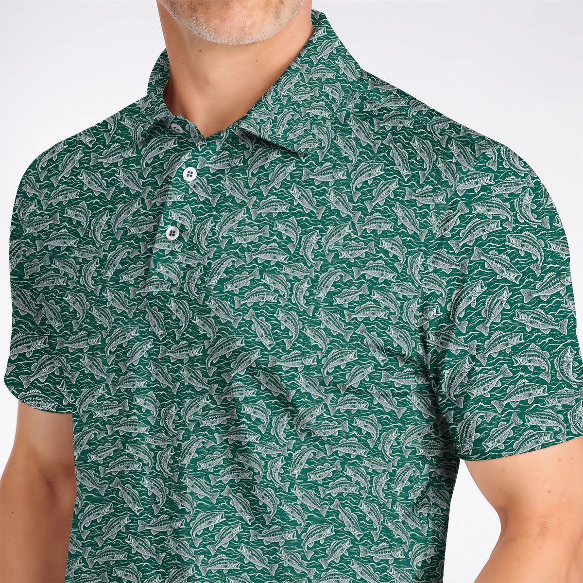 Vintage Bass Fishing Golf Polos, Forest Green Fish & Water Pattern Shirt, Golf Apparel Gift for Fishing Lovers
