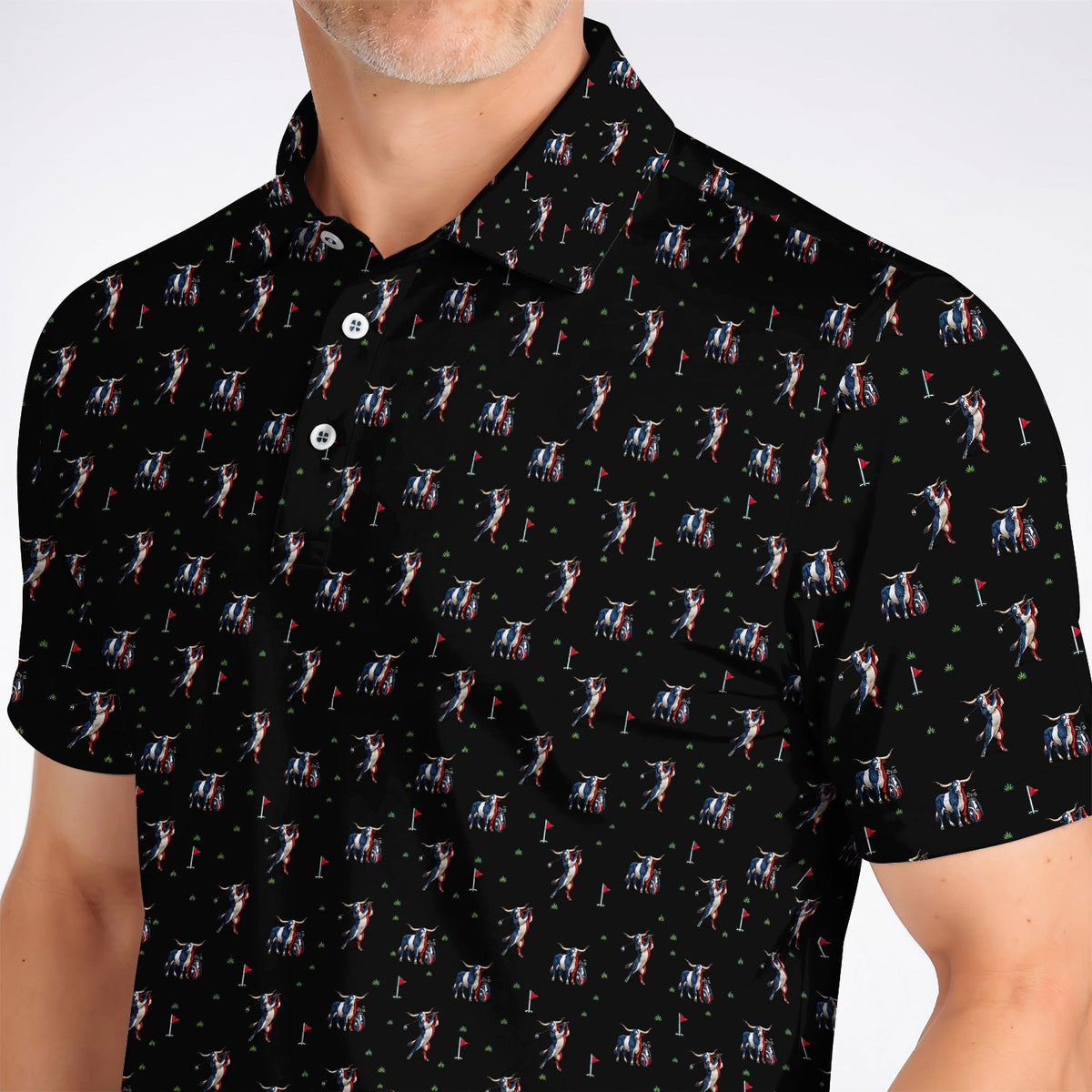 Texas Longhorn Pattern Golf Polos, Patriotic Bull Golf Shirt, Unique Texas Golf Gift For Golfer