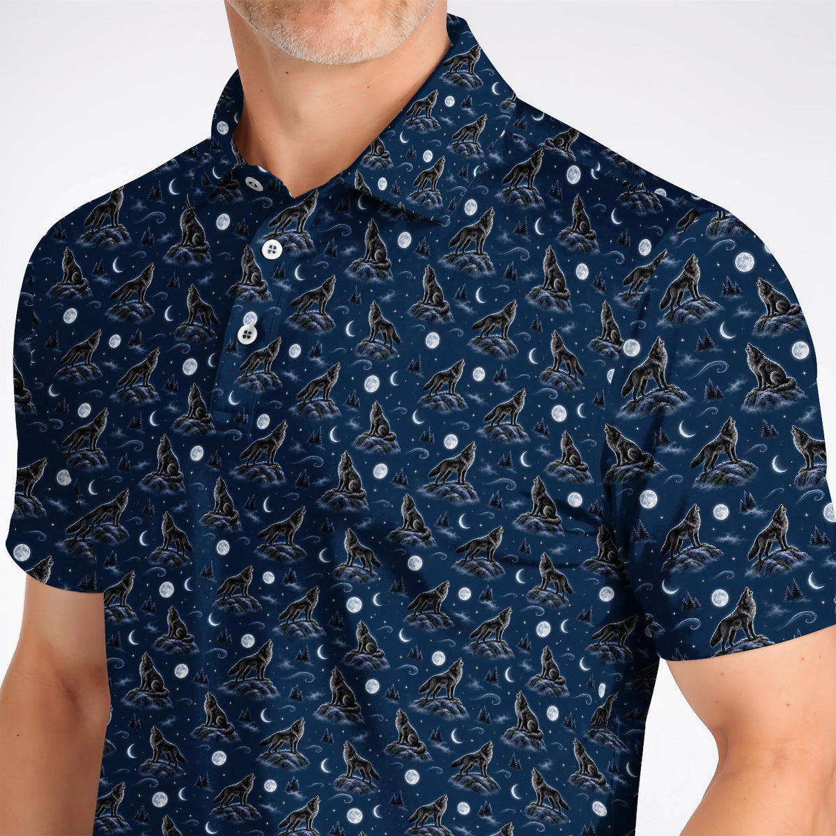 Howling Wolf Golf Polos, Moonlight Wolf Pattern Golf Shirt, Crazy Golf Gift for Golfer