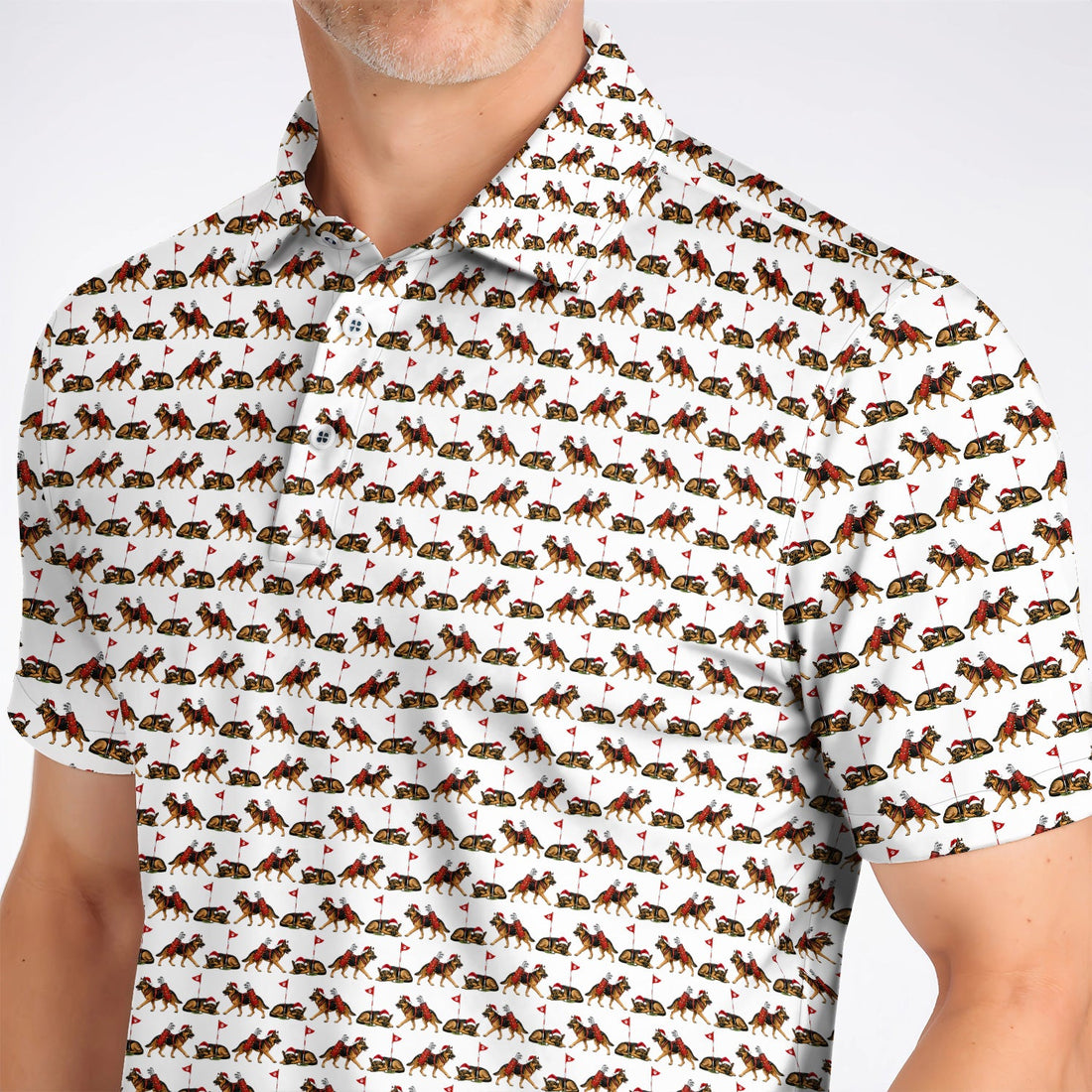 German Shepherd Christmas Golf Shirt, German Shepherd Pattern Golf Polos, Holiday Golf Gift for Dog Lovers
