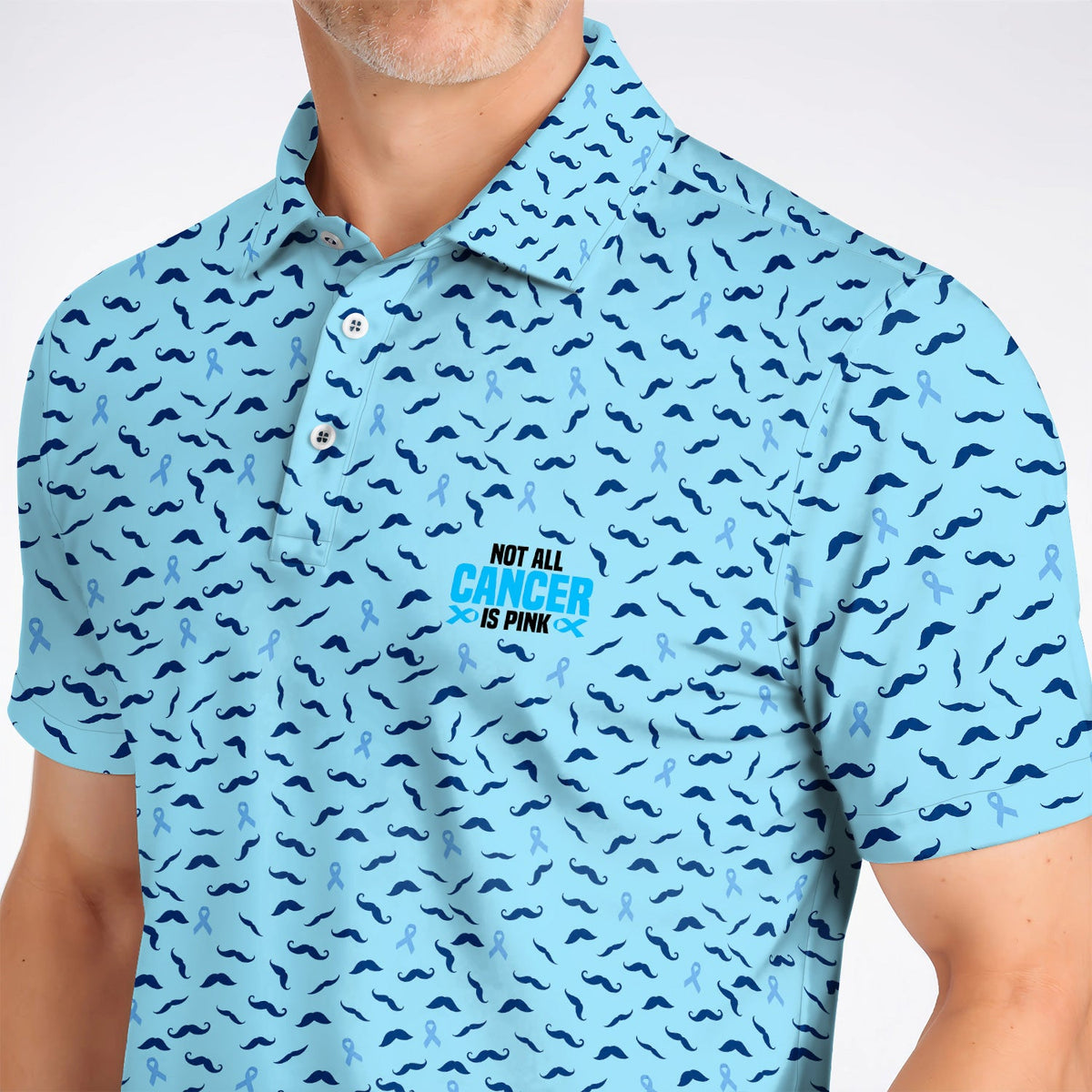 Prostate Cancer Awareness Golf Shirt, Blue Ribbon Mustache Pattern Golf Polos, Support Gift for Golfers