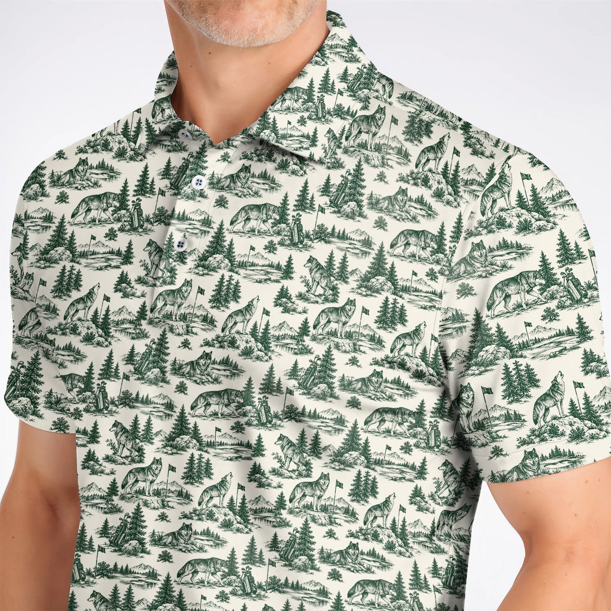 Vintage Wolf Golf Polos, Wilderness Wolf Pattern Golf Shirt, Nature Inspired Golf Gift for Golfers