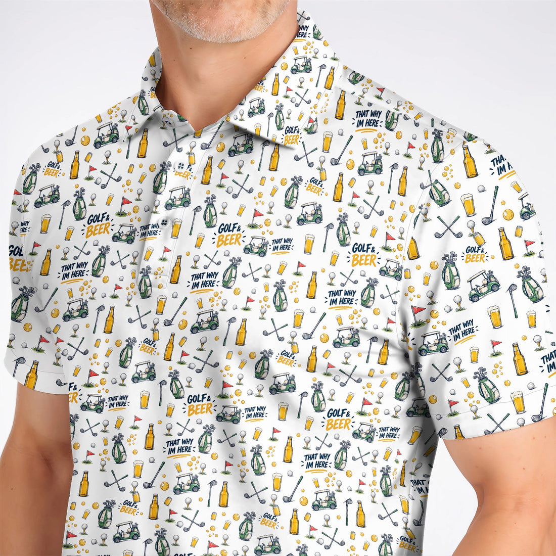 Funny Golf & Beer Shirt, Golf Cart And Beer Pattern Golf Polos, That’s Why I’m Here Golf Gift For Golfer