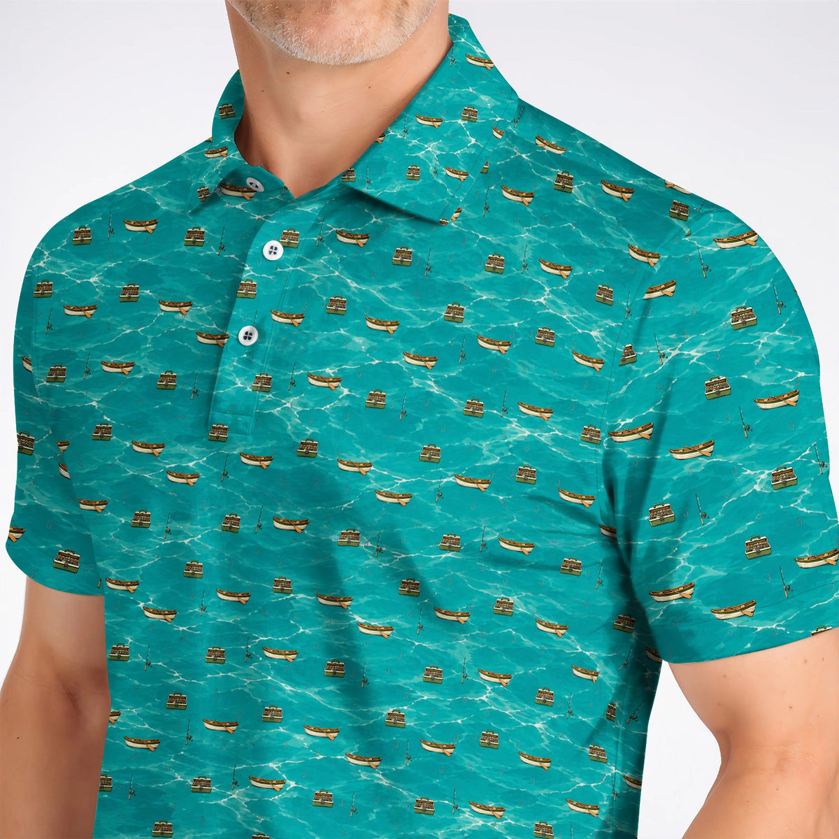 Fishing Pattern Golf Polos, Fishing Boat With Tackle Pattern Golf Shirt, Unique Fishing Gift for Fishermen And Golfer