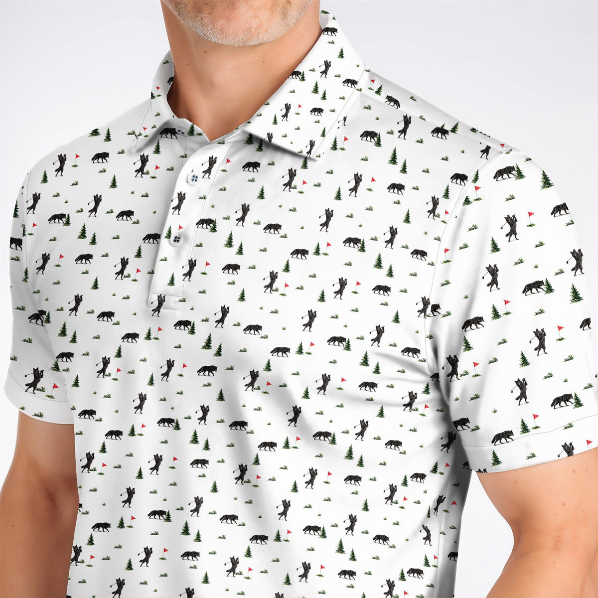 Black Wolf Pattern Golf Polos, Crazy Wolf Golf Shirt, Wilderness Golf Gift for Golfers
