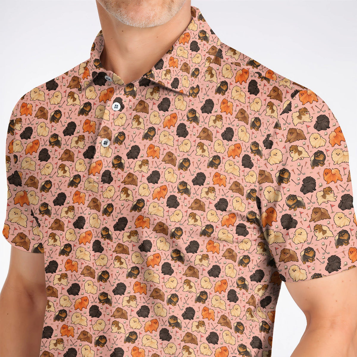 Funny Pomeranian Golf Polos, Pom Dog & Golf Pattern Shirt, Golf Gift For Golfer