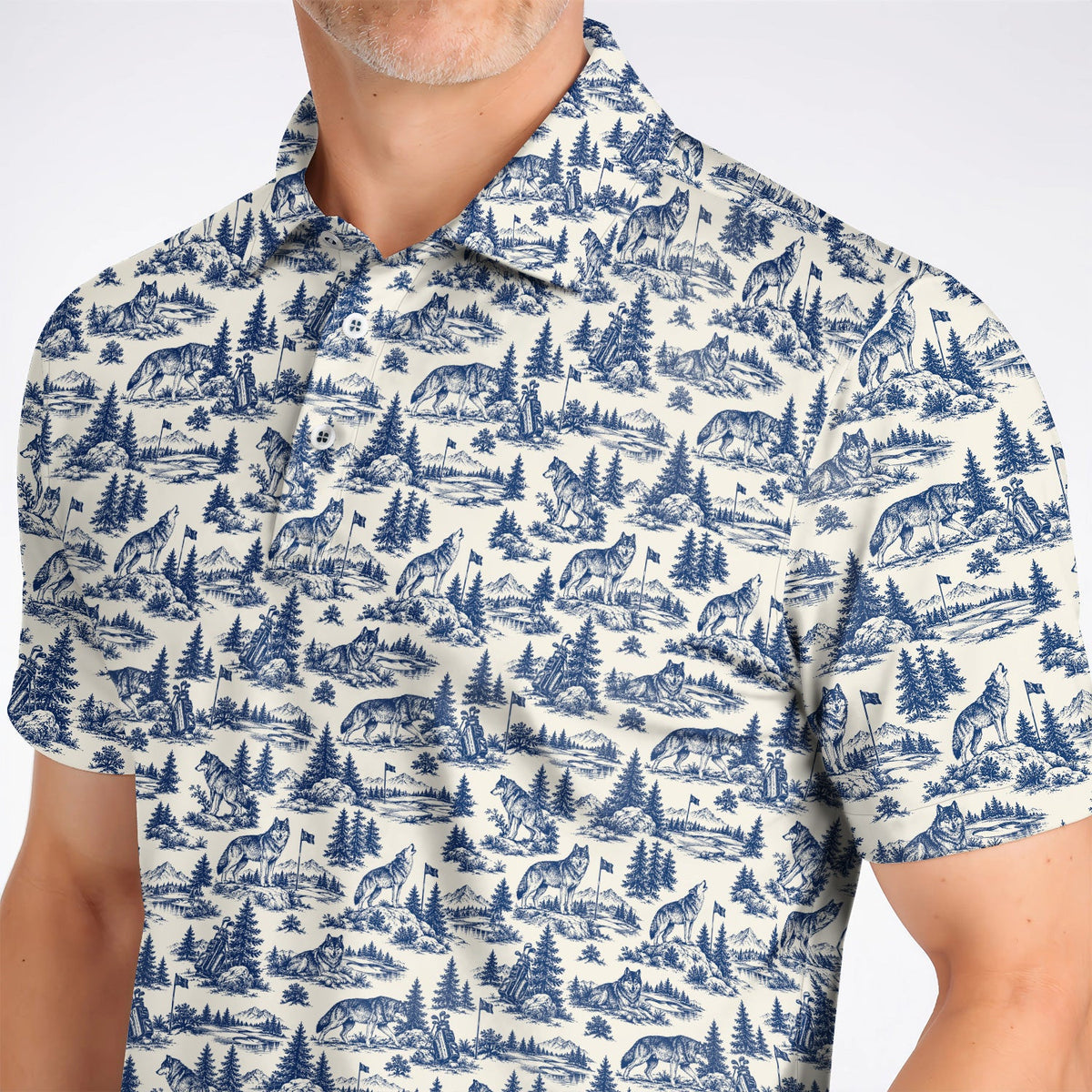 Vintage Wolf Golf Polos, Wilderness Wolf Pattern Golf Shirt, Nature Inspired Golf Gift for Golfers