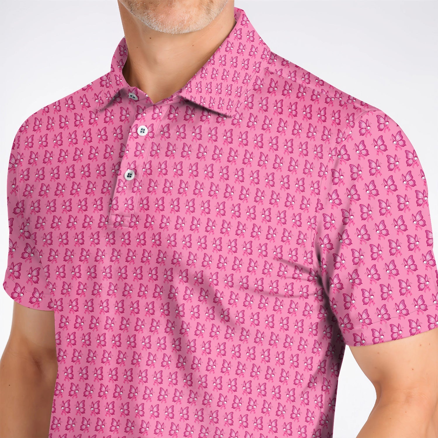 Breast Cancer Awareness Golf Polos, Pink Ribbon Butterfly Golf Shirt for Golf Lovers, Support Cancer Awareness Golf Gift
