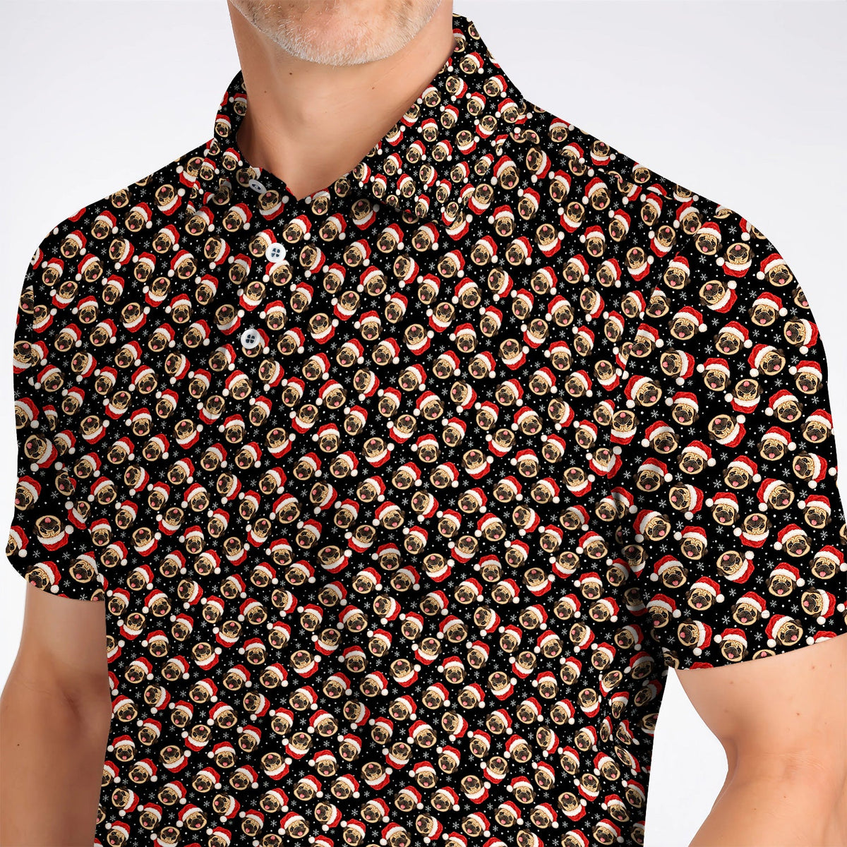 Funny Christmas Pug Golf Polos, Pug Pattern Golf Shirt For Dog Lovers, Xmas Golf Gift For Golfers