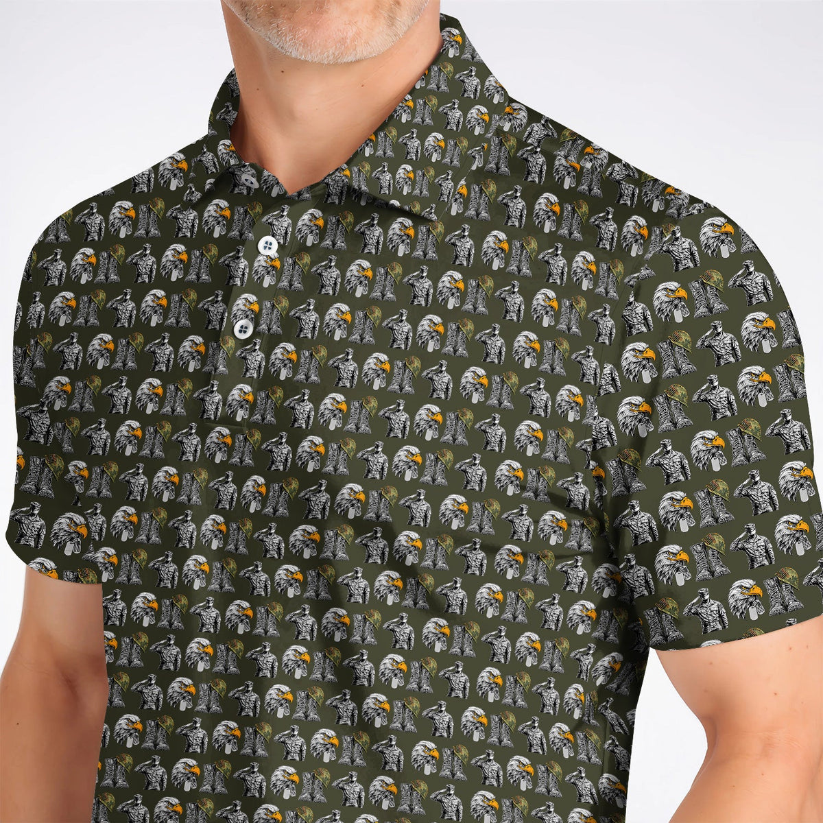 Veteran Eagle Golf Shirt, Military Soldier & Army Tribute Pattern Golf Polos, Patriotic Veterans Day Golf Gift for Golfer
