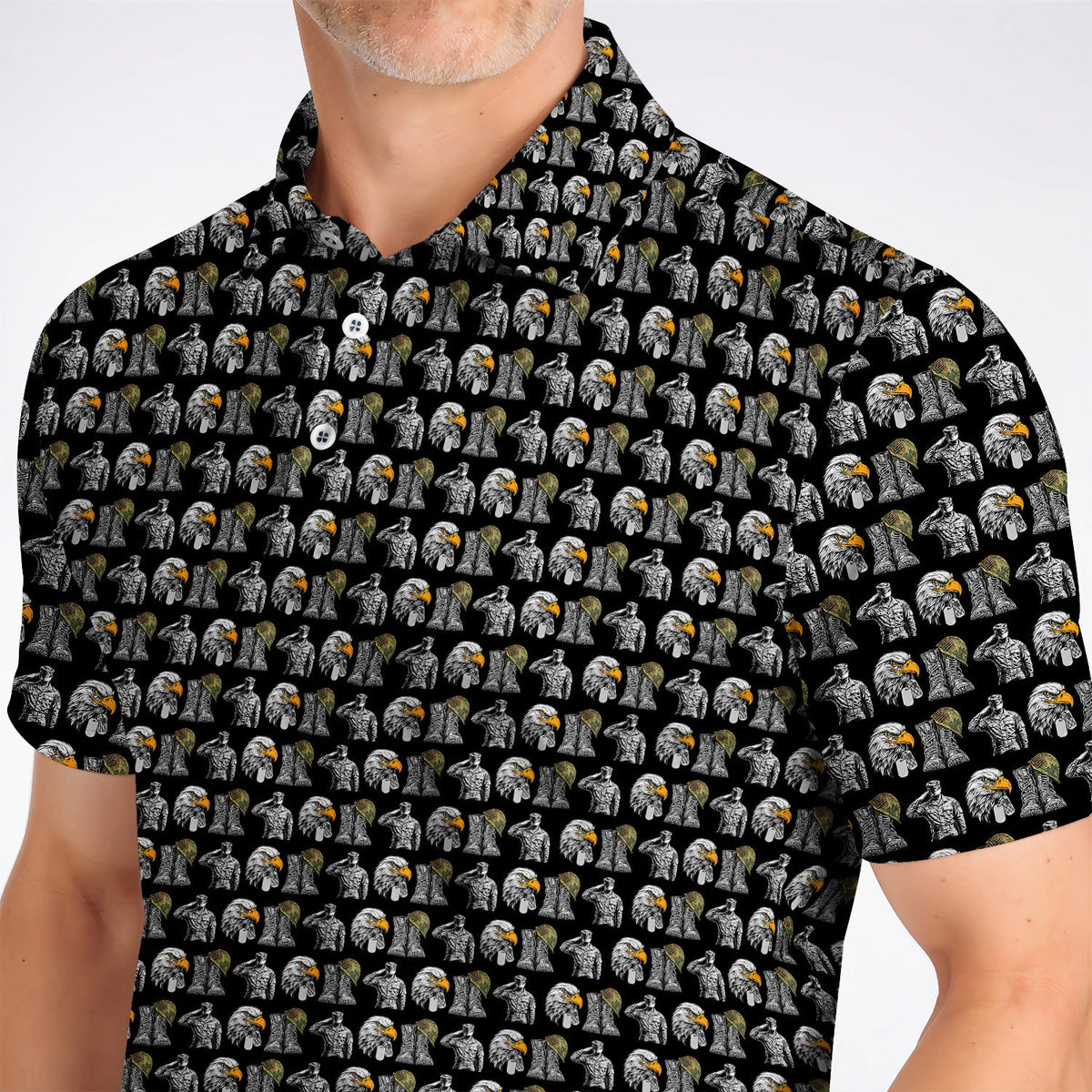 Veteran Eagle Golf Shirt, Military Soldier & Army Tribute Pattern Golf Polos, Patriotic Veterans Day Golf Gift for Golfer