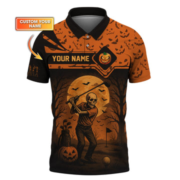 Personalized Name Halloween Skull Golf Shirt, Crazy Golf Shirts For Men's, Funny Golf Polos