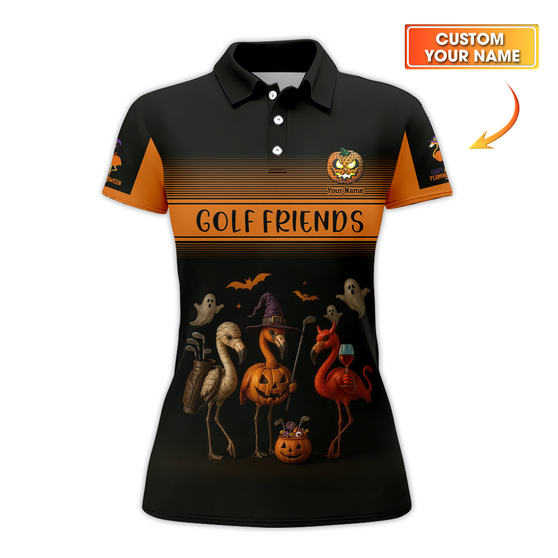 Custom Name Flamingo Golf Polos, Golf Friends Halloween Golf Shirts, Funny Golf Shirt For Golfers