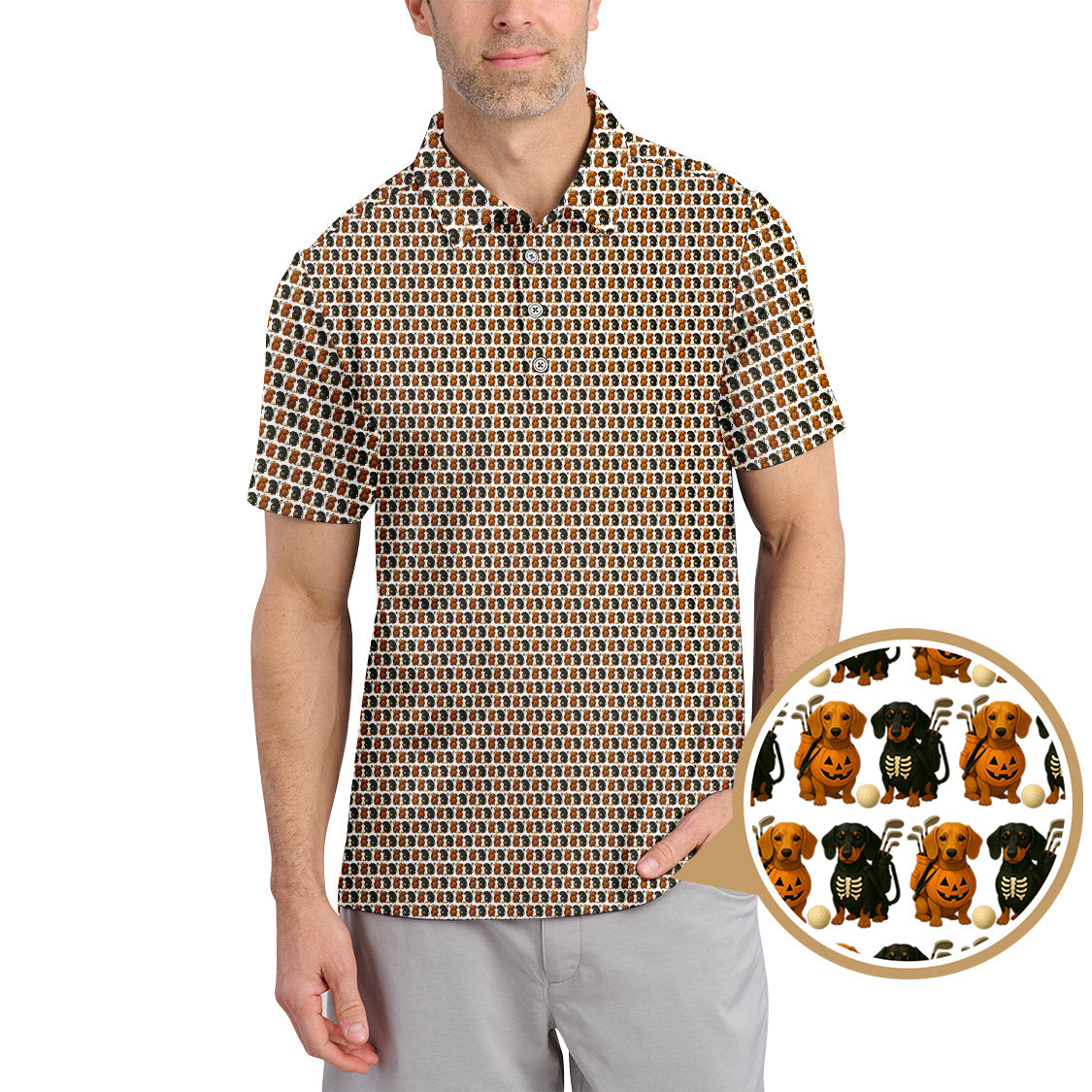 Halloween Golf Shirt, Dachshund Pattern Golf Shirt With Pumpkin And Skeleton, Funny Golf Shirt For Golfer, Dog Golf Shirt