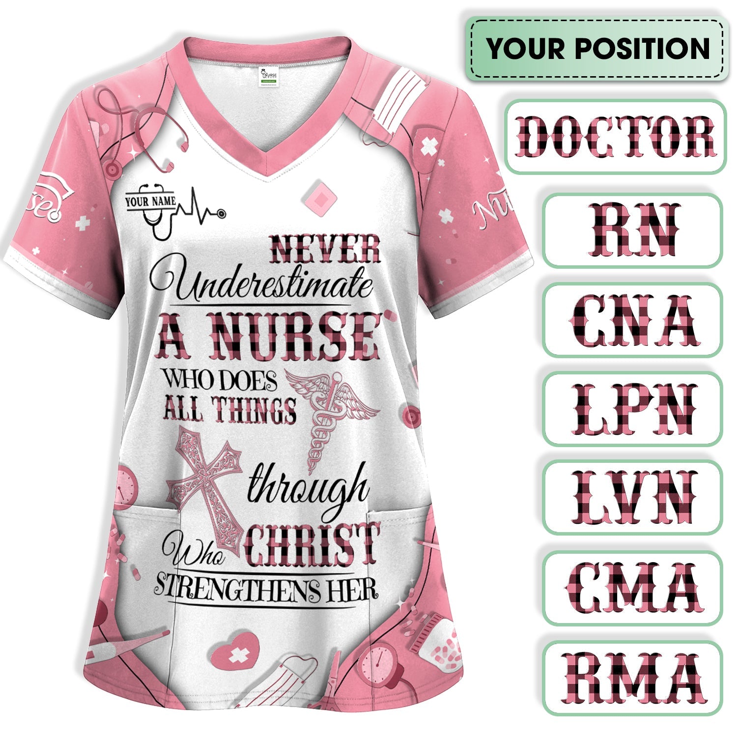 Personalized Christian Nurse Shirt - All Things Through Christ Quote - Faith-Based Medical Gift for RN, LPN, CNA Healthcare Workers