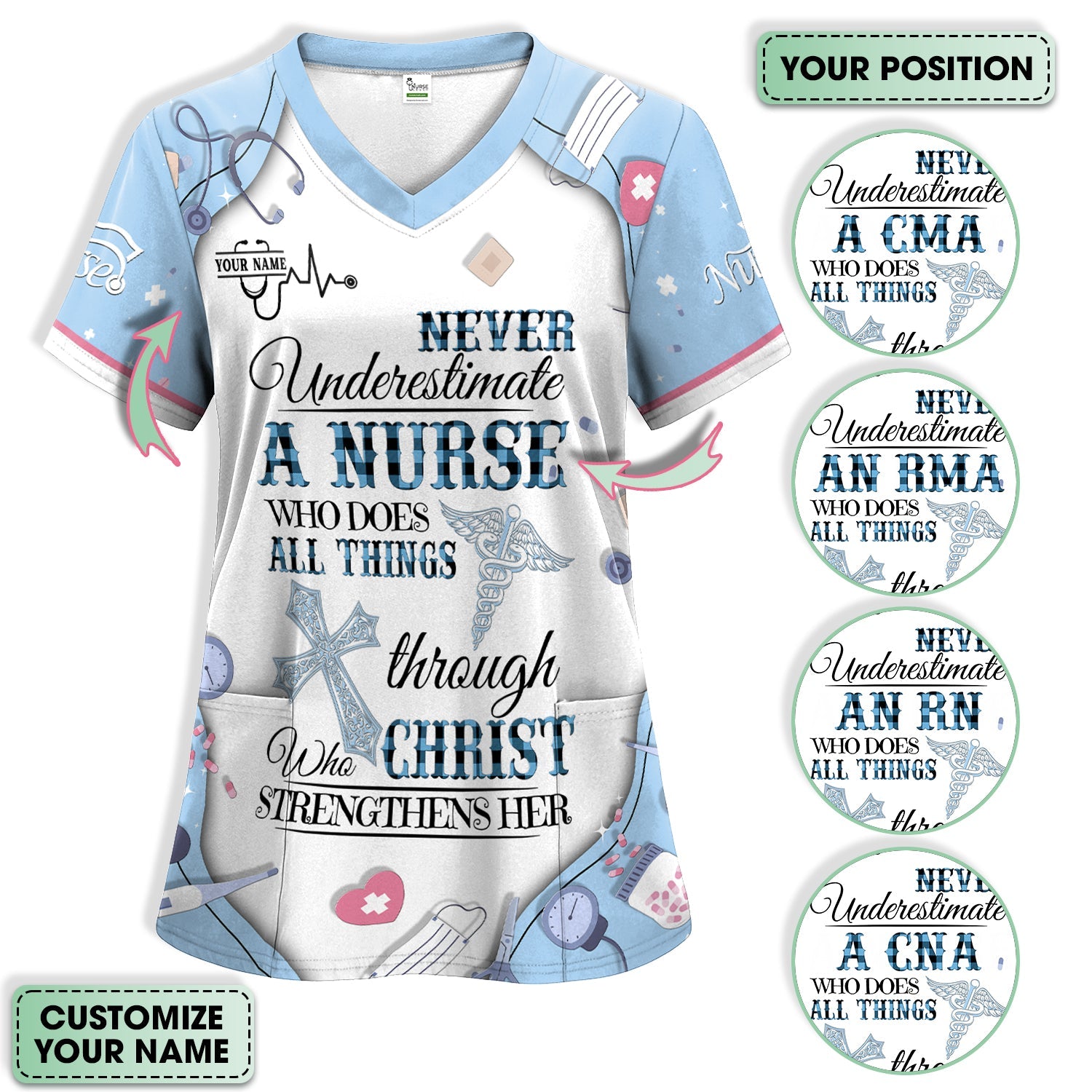 Personalized Christian Nurse Shirt for Women - All Things Through Christ Quote - Faith Medical Gift for RN LPN CNA Healthcare Workers