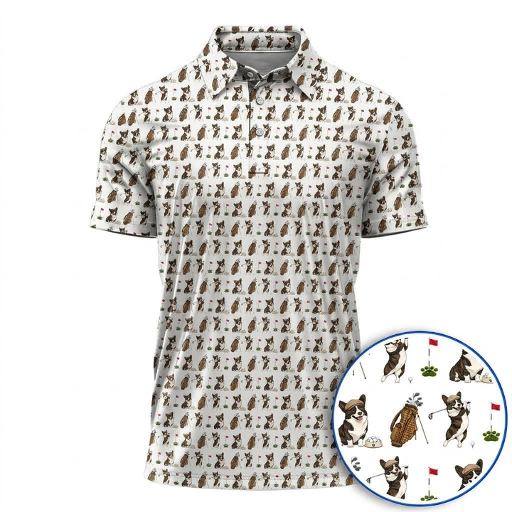 Brindle Corgi Pattern Golf Shirt For Golfer, Funny Corgi Golf Polos, Dog Golf Gift
