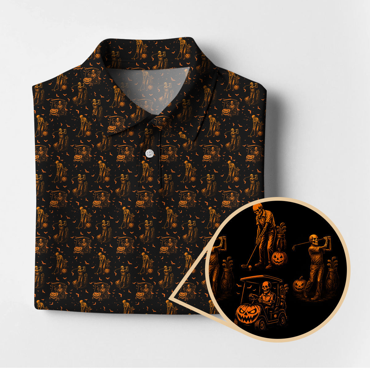 Halloween Skeleton Golf Shirt, Funny Pattern Golf Polos For Men, Spooky Golf Cart & Pumpkin Shirts