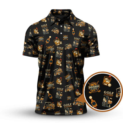 Bourbon Whiskey & Golf Polos, Funny Pattern Golf Shirt, Golf Gift For Men's