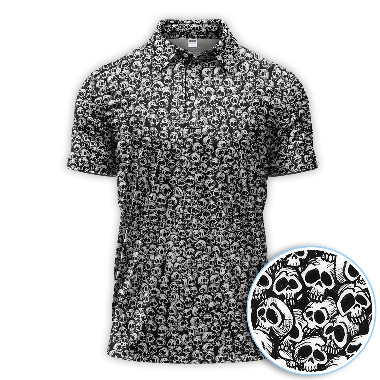 Gothic Skull Pattern Golf Shirt, Dark Skeleton Print Polo Shirt, Halloween Style Shirt