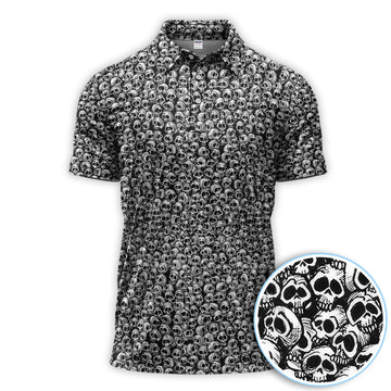 Gothic Skull Pattern Golf Shirt, Dark Skeleton Print Polo Shirt, Halloween Style Shirt