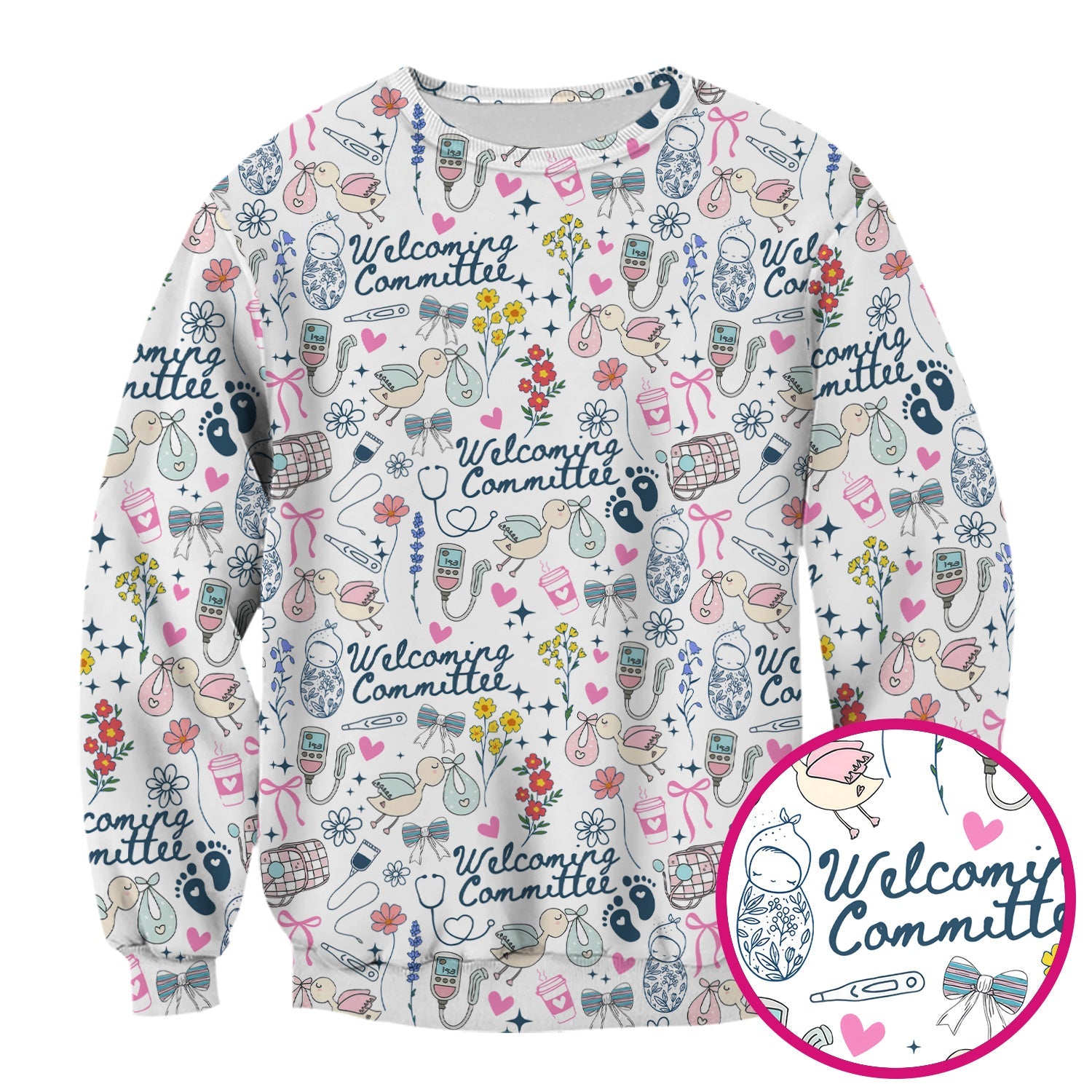 Funny NICU Nurse Tee - Cute Baby Feet & Floral Stork Pattern Graphic - Gift for Women RN LPN