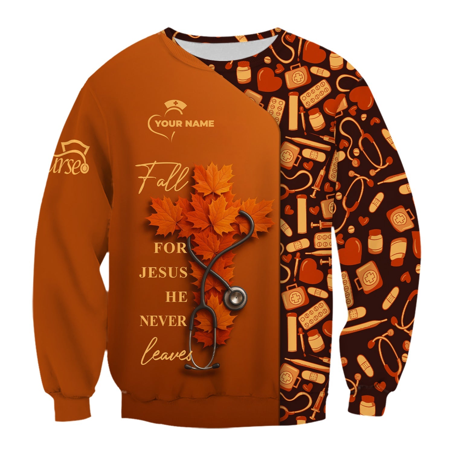 Personalized Christian Fall Nurse Shirt - Fall For Jesus He Never Leaves - RN LPN CNA Healthcare Workers Gift