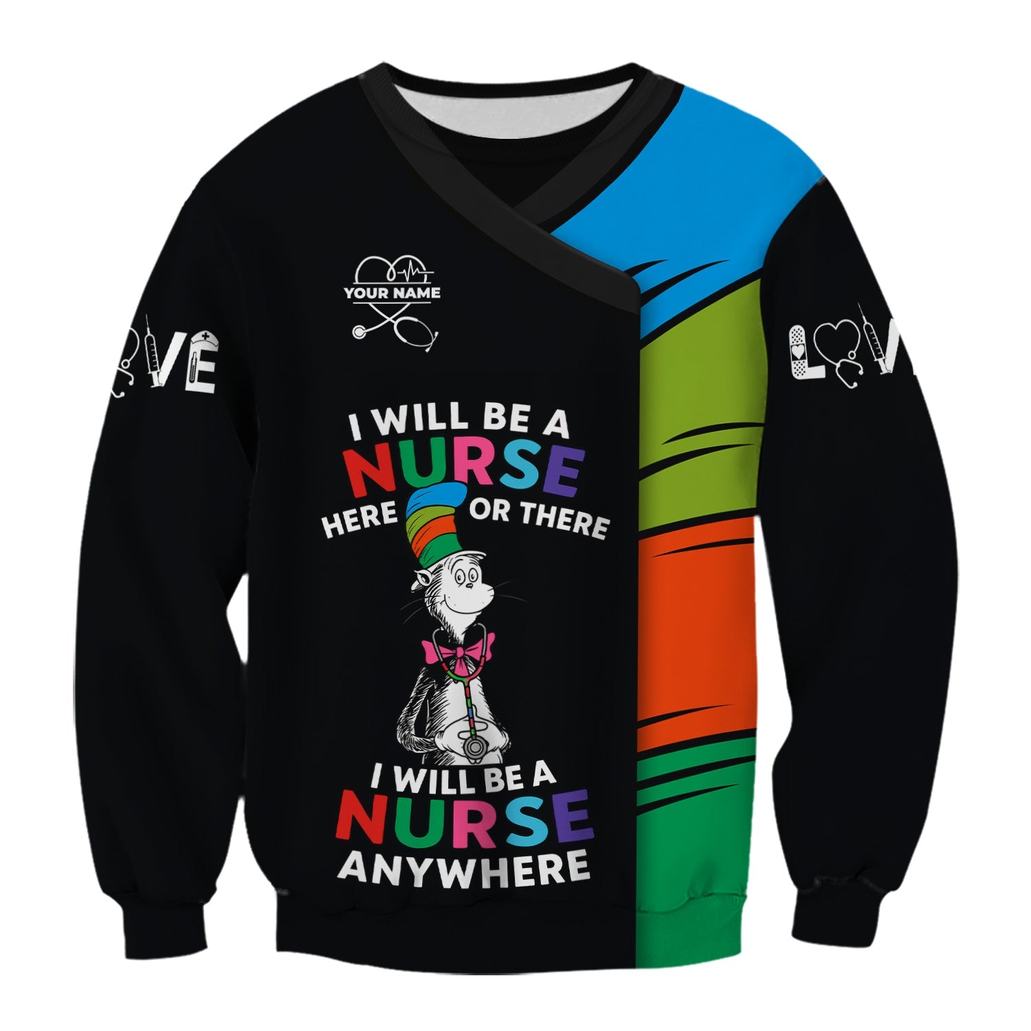 Custom Funny Shirt for Nurses - Cartoon Cat in a Striped Hat Graphic - Gift for Women RN LPN & Nursing Students