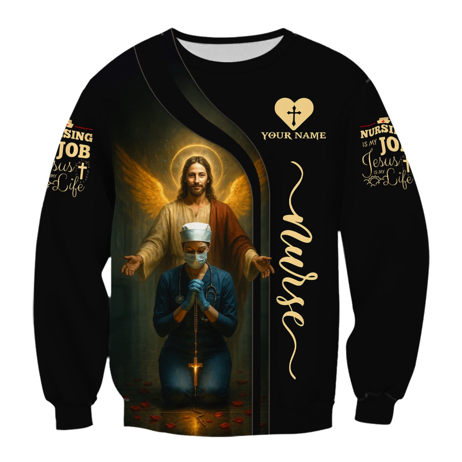 Personalized Christian Nurse Shirt - Jesus and Praying Nurse with Rosary Design - RN LPN CNA Healthcare Workers Gift