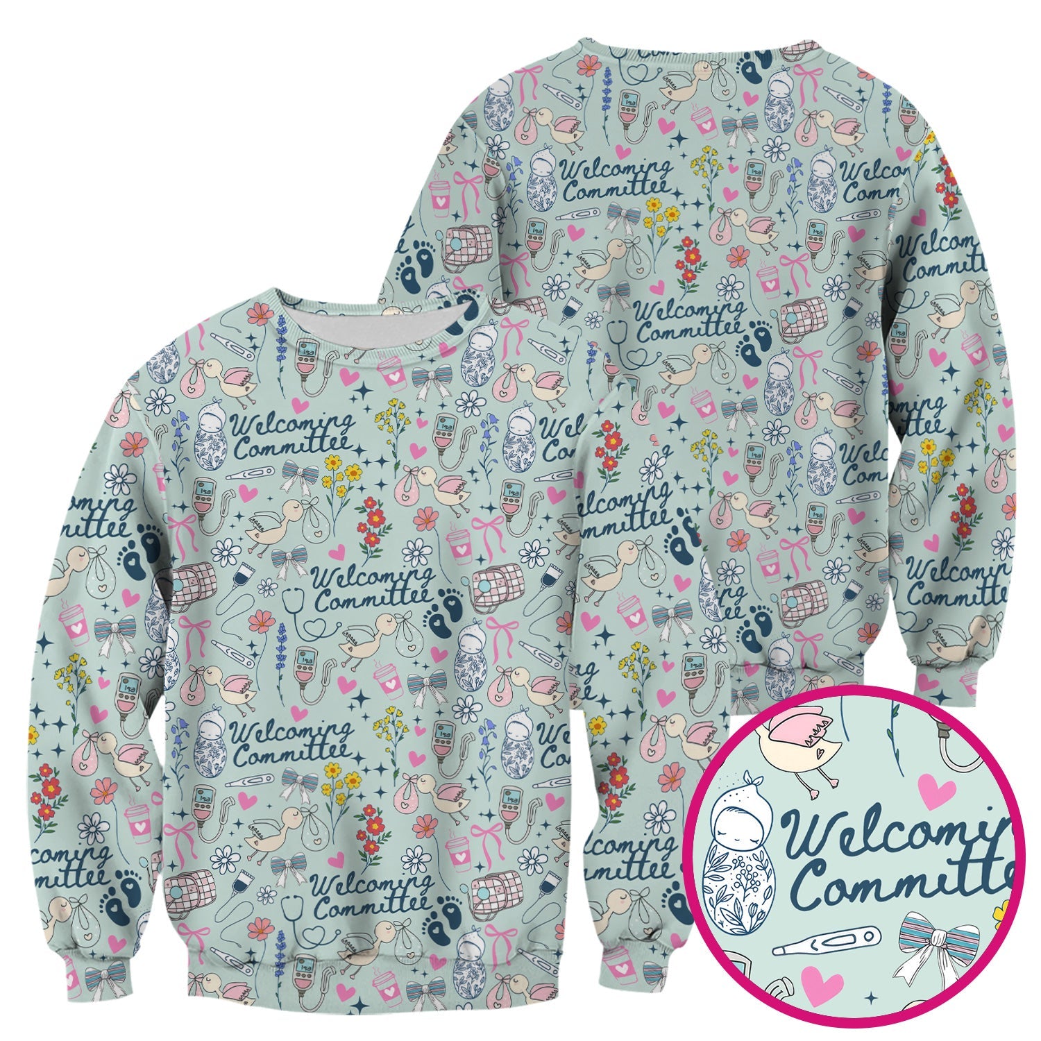 Funny NICU Nurse Tee - Cute Baby Feet & Floral Stork Pattern Graphic - Gift for Women RN LPN