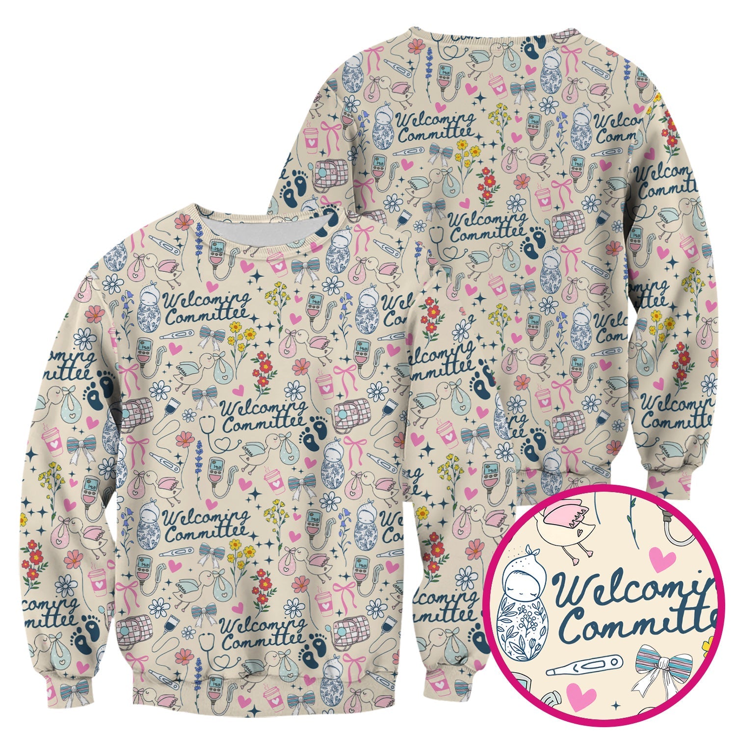 Funny NICU Nurse Tee - Cute Baby Feet & Floral Stork Pattern Graphic - Gift for Women RN LPN