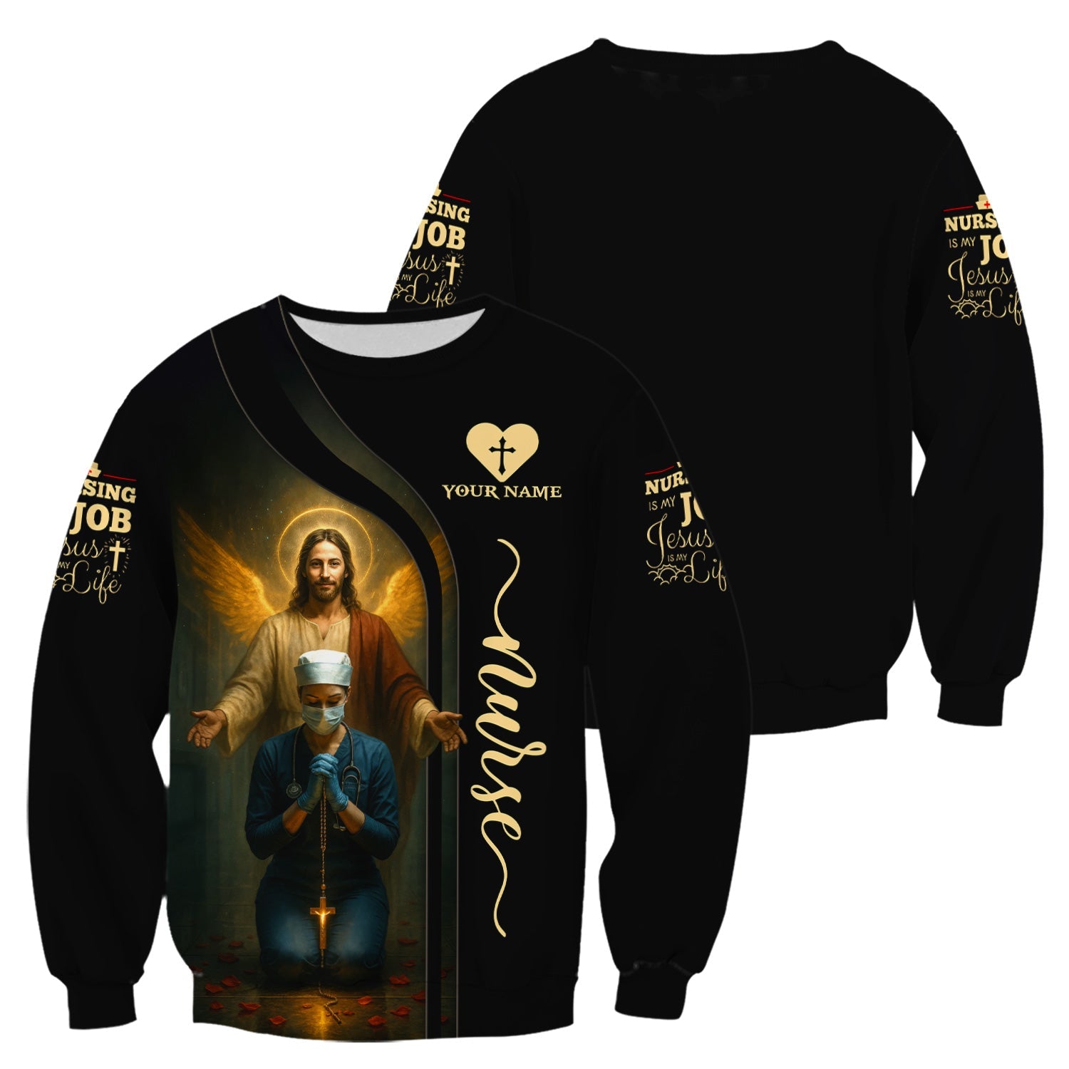 Personalized Christian Nurse Shirt - Jesus and Praying Nurse with Rosary Design - RN LPN CNA Healthcare Workers Gift