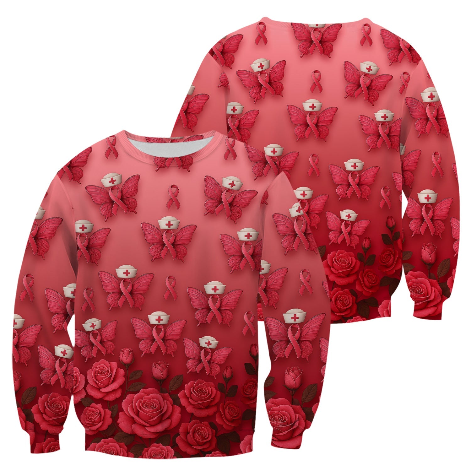 Custom Breast Cancer Awareness Nurse Shirt - Pink Ribbon Butterfly Nurse & Rose Floral Design - RN LPN CNA Gift