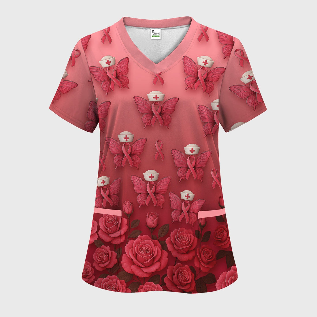 Custom Breast Cancer Awareness Nurse Shirt - Pink Ribbon Butterfly Nurse & Rose Floral Design - RN LPN CNA Gift