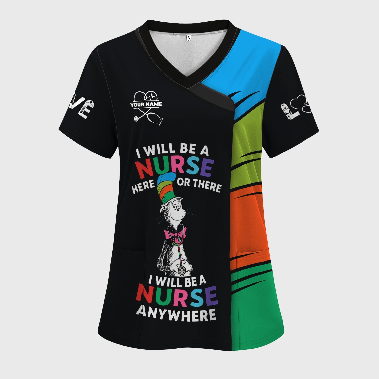 Custom Funny Shirt for Nurses - Cartoon Cat in a Striped Hat Graphic - Gift for Women RN LPN & Nursing Students