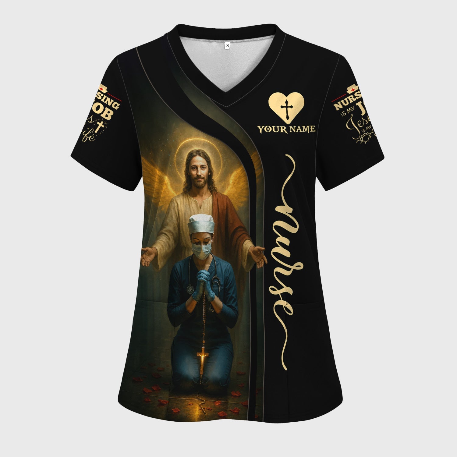 Personalized Christian Nurse Shirt - Jesus and Praying Nurse with Rosary Design - RN LPN CNA Healthcare Workers Gift