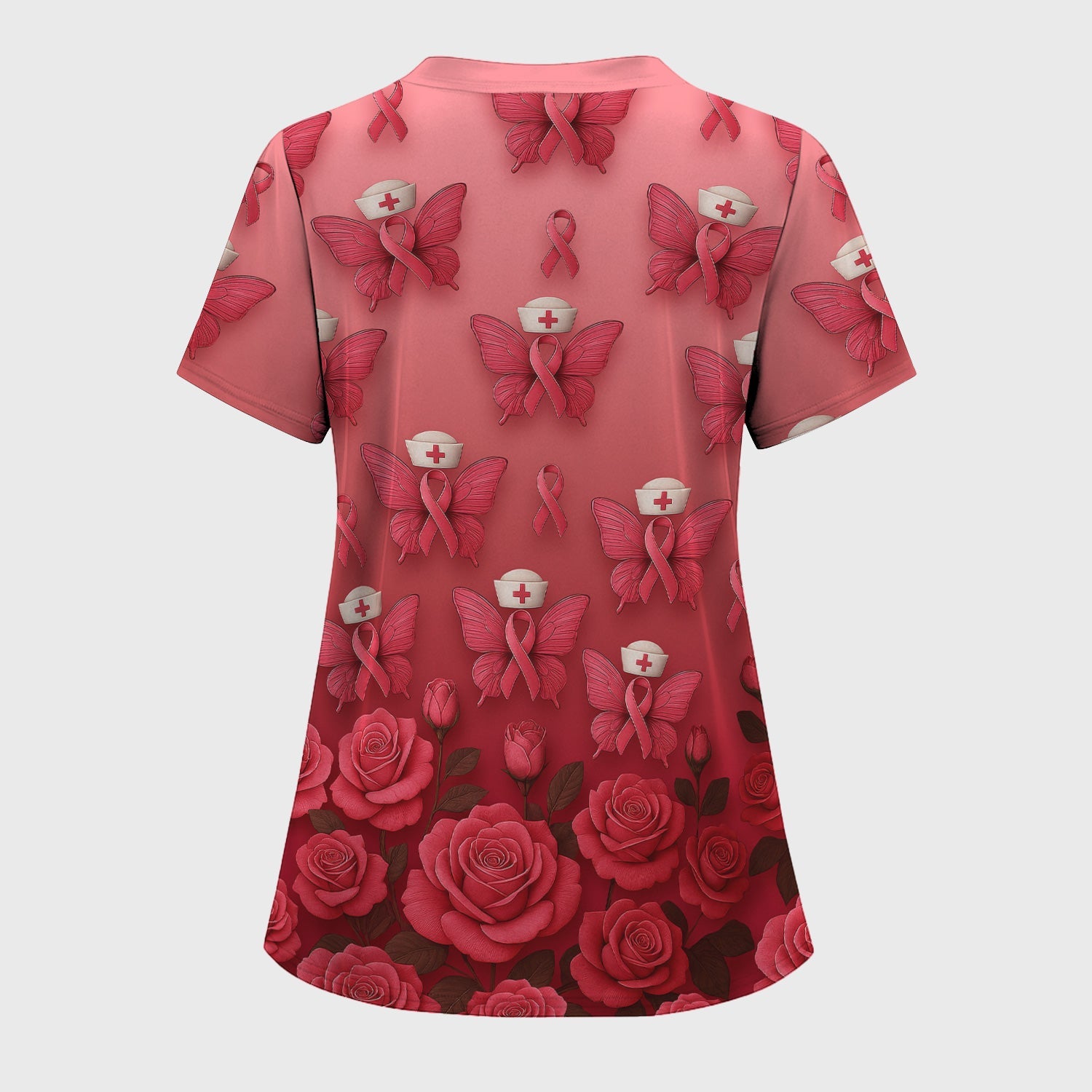 Custom Breast Cancer Awareness Nurse Shirt - Pink Ribbon Butterfly Nurse & Rose Floral Design - RN LPN CNA Gift