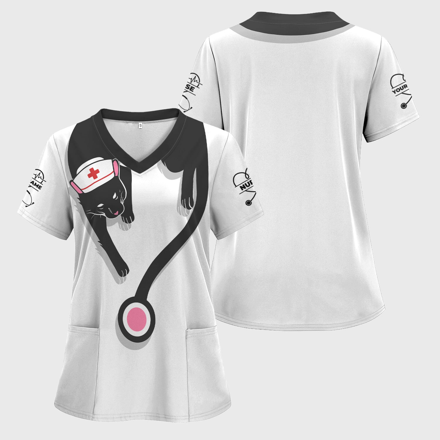 Personalized Black Cat Nurse Shirt - Funny Cat Lover Medical Tee for Women - Gift for RN LPN CNA