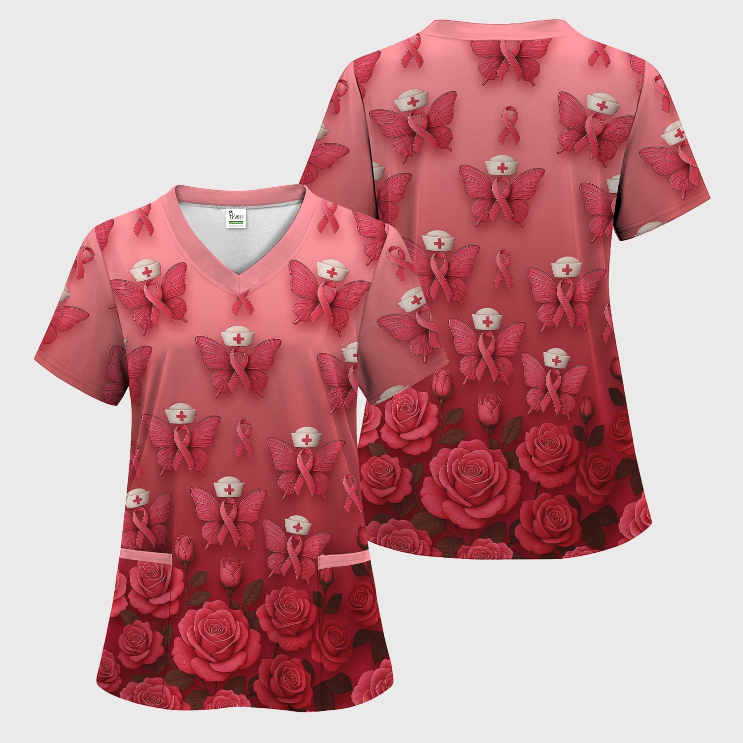 Custom Breast Cancer Awareness Nurse Shirt - Pink Ribbon Butterfly Nurse & Rose Floral Design - RN LPN CNA Gift
