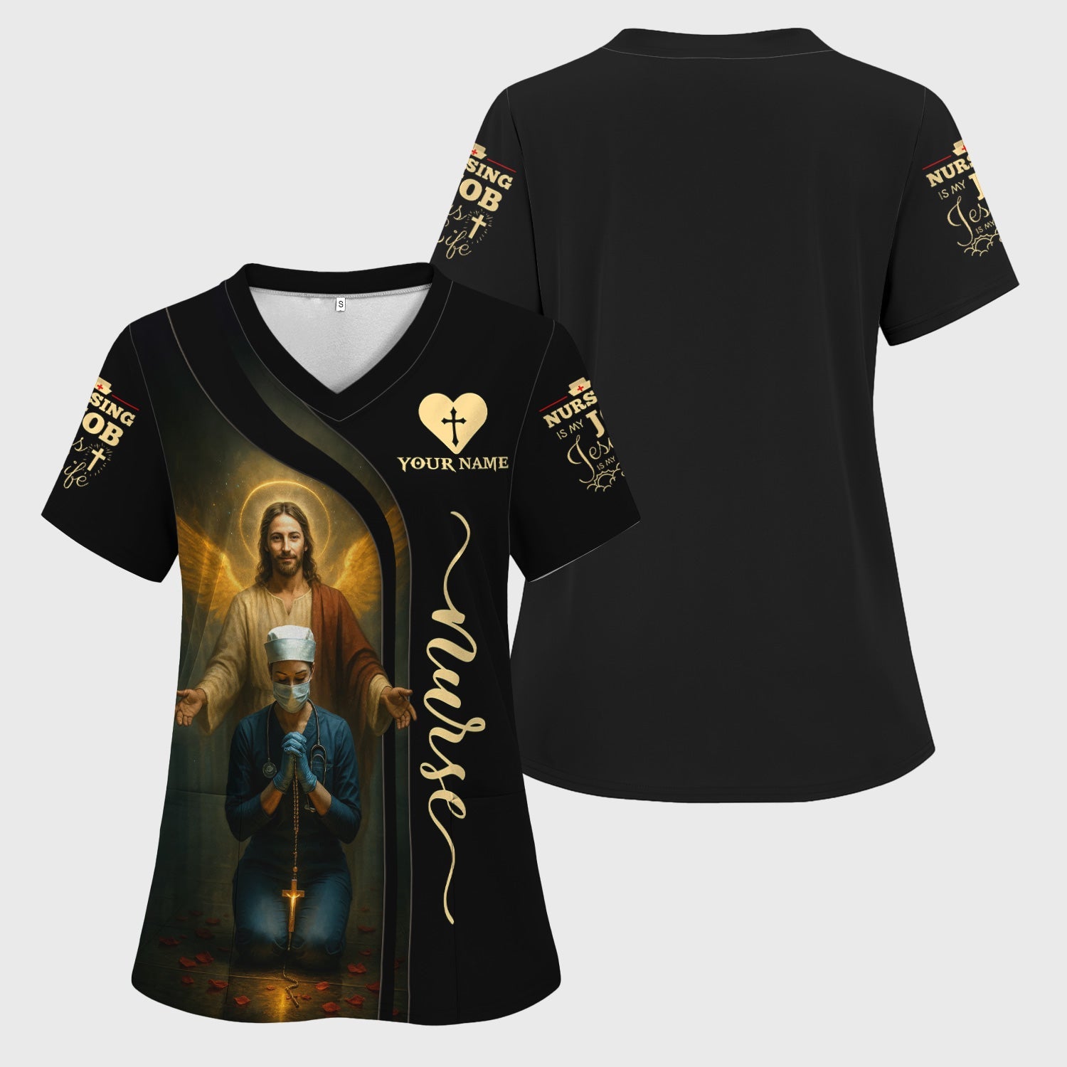 Personalized Christian Nurse Shirt - Jesus and Praying Nurse with Rosary Design - RN LPN CNA Healthcare Workers Gift