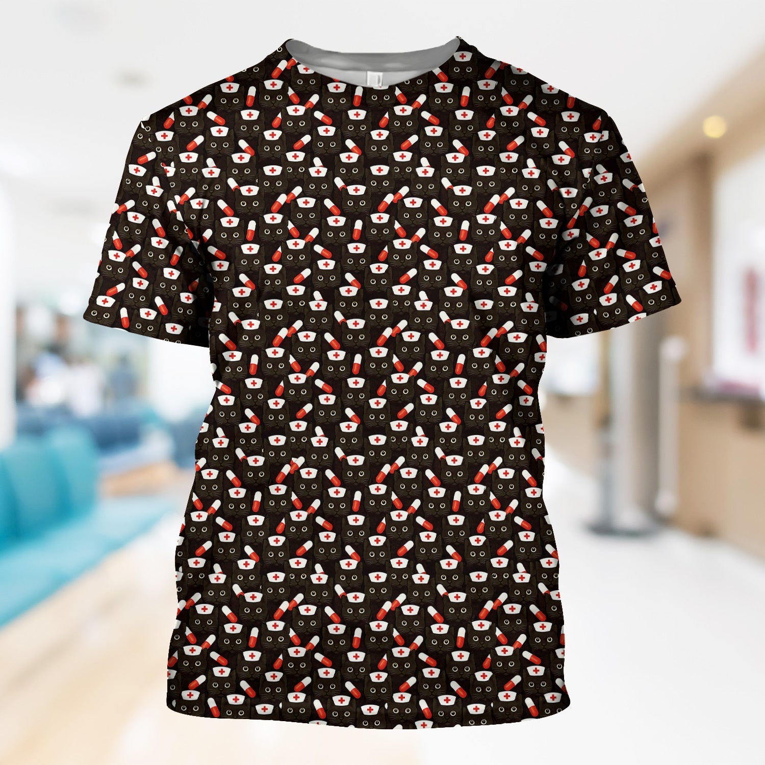 Personalized Nurse Shirt for Women - Cute Cat Pattern with Pills Design - Gift for RN LPN CNA