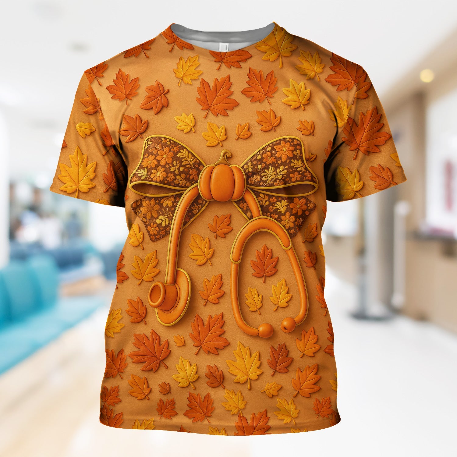 Autumn Pumpkin Nurse Shirt - Fall Leaves Stethoscope Medical Tee - CNA RN LPN Healthcare Worker Gift