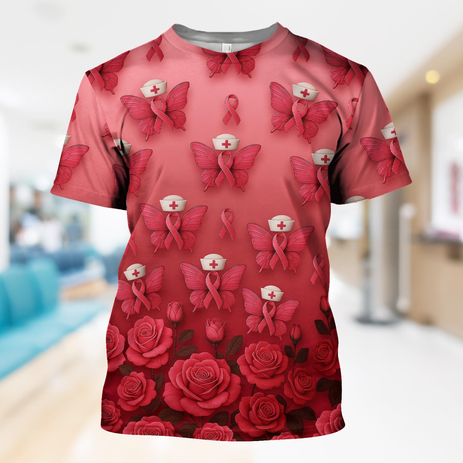 Custom Breast Cancer Awareness Nurse Shirt - Pink Ribbon Butterfly Nurse & Rose Floral Design - RN LPN CNA Gift