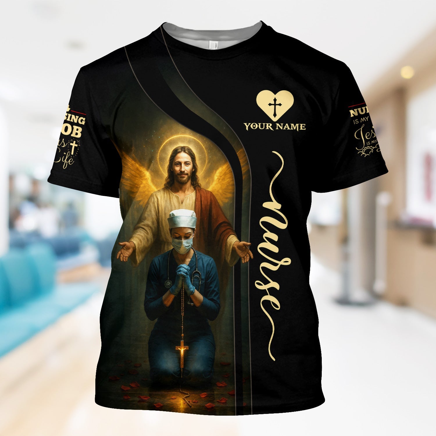 Personalized Christian Nurse Shirt - Jesus and Praying Nurse with Rosary Design - RN LPN CNA Healthcare Workers Gift