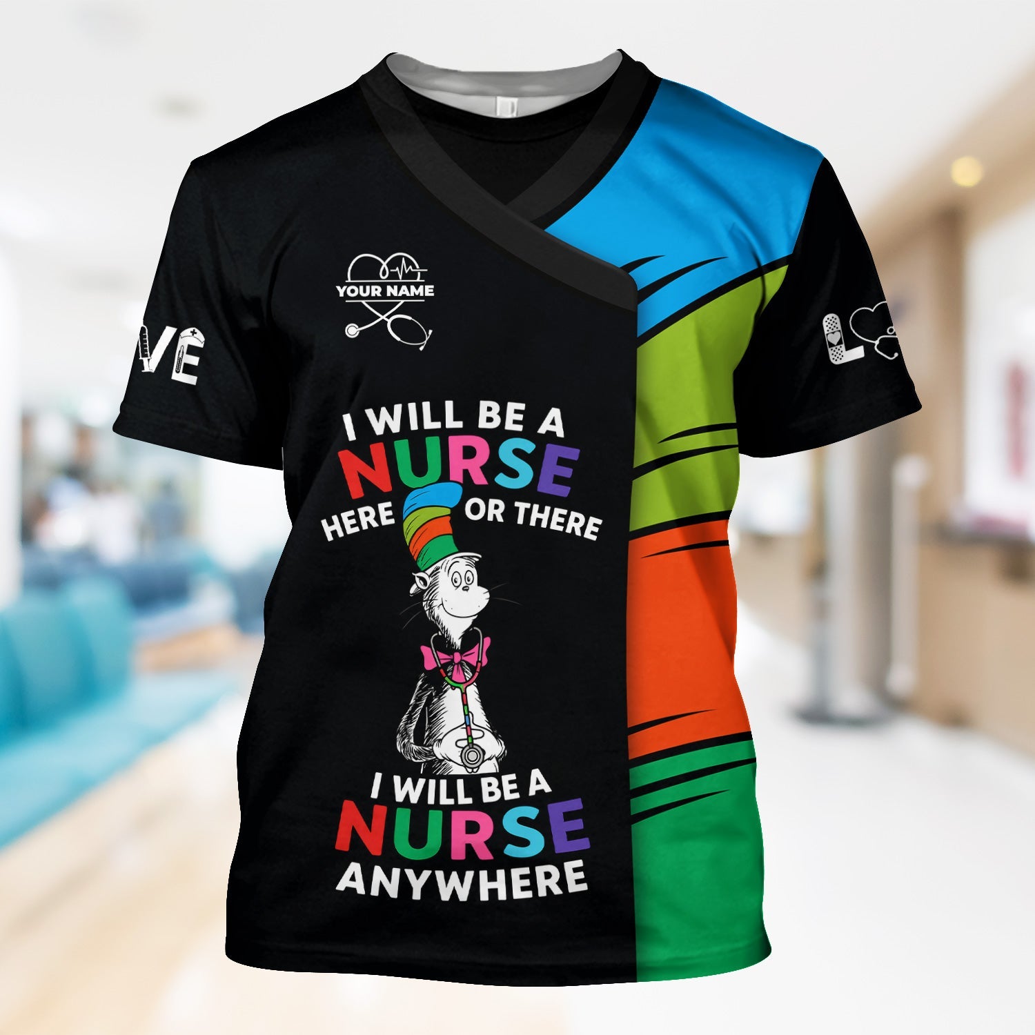 Custom Funny Shirt for Nurses - Cartoon Cat in a Striped Hat Graphic - Gift for Women RN LPN & Nursing Students