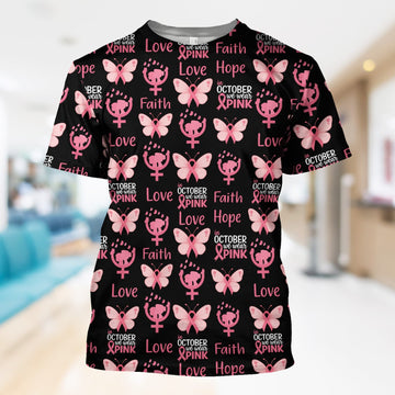 Breast Cancer Warrior Shirt - Faith Hope Love & Pink Ribbon Butterfly Design - October Gift for RN LPN CNA